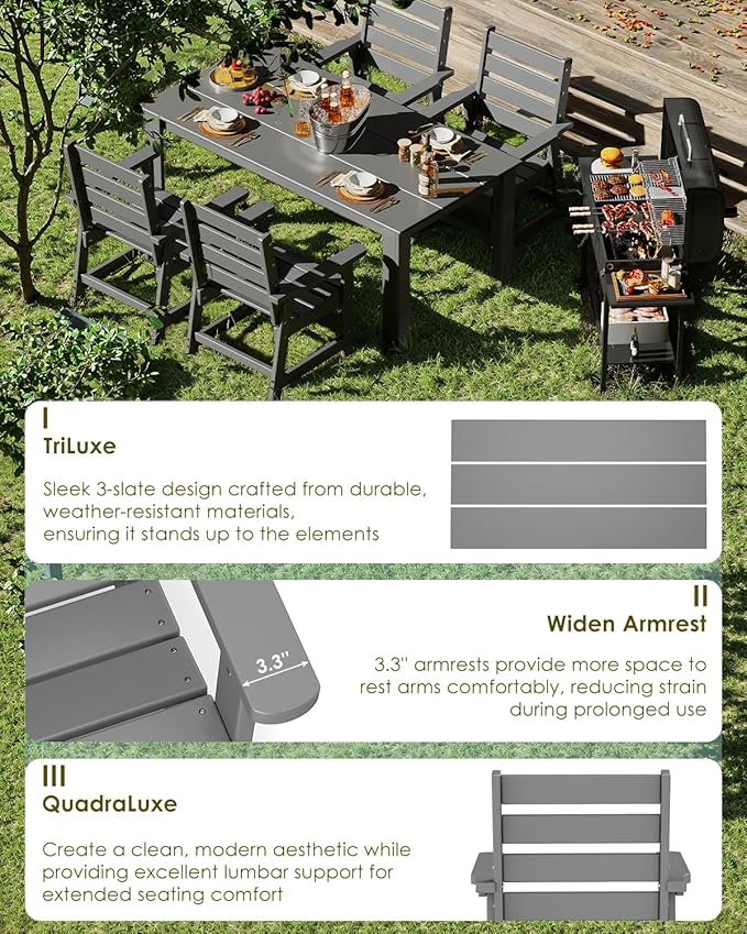GREENVINES 5-Piece Patio-Dining-Set | HDPE Plastic | Outdoor Table and Chairs Sets for 4 | Patio Furniture | All Weather | Umbrella Hole | for Backyard Poolside Garden | Grey