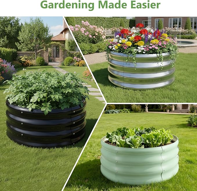 3 Pcs 2x2x1ft Round Galvanized Raised Garden Bed Planter Boxes Outdoor with Easy Assembly, Metal Raised Beds for Vegetables, Fruits, Flowers (Galvanized, Black, Green)