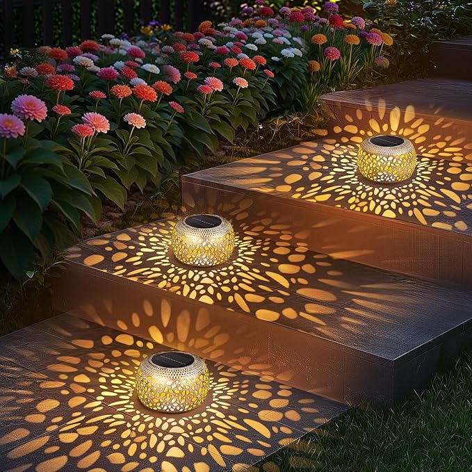 Solar Lanterns Outdoor Waterproof: 2 Pack White Gold Hollow Out Metal Solar Lights - 2 Lighting Colors Outside Patio Garden Yard Porch Tabletop Decorations - Unique Gifts for Women Mom Wife
