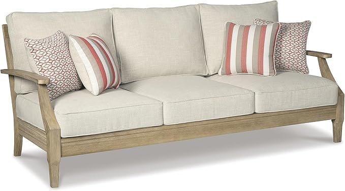 Signature Design by Ashley Clare View Outdoor Patio Sofa, 4 Throw Pillows, Nuvella Weather Resistant Fabric, Eucalyptus Wood, 81" W x 35" D x 32" H, Beige