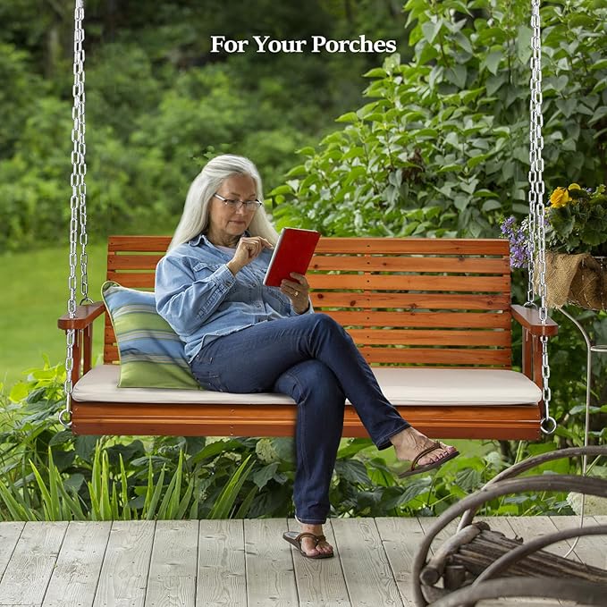 VINGLI Heavy Duty 880 LBS Patio Wooden Porch Swing Outdoor with Extra Cushion, Farmhouse Hanging Bench Tree Swing with Adjustable Chains for Yard | Garden | Lawn | Balcony (5 FT, Brown)