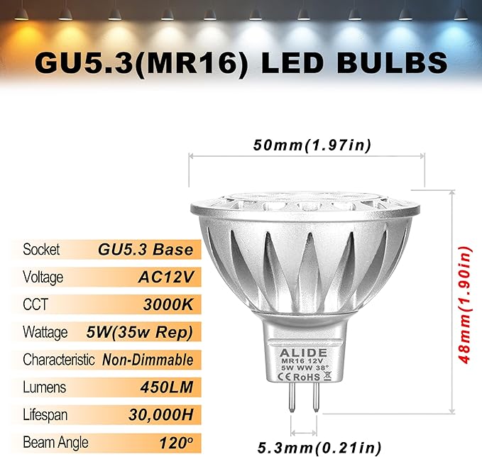 MR16 GU5.3 Led Landscape Bulbs 3000K Warm White 5W, MR16 20W 35W Halogen Replacement,12V Low Voltage Bulb Spotlights for Outdoor Landscape Flood Indoor Track Lighting,Not Dimmable,450lm,38 Deg,6 Pack