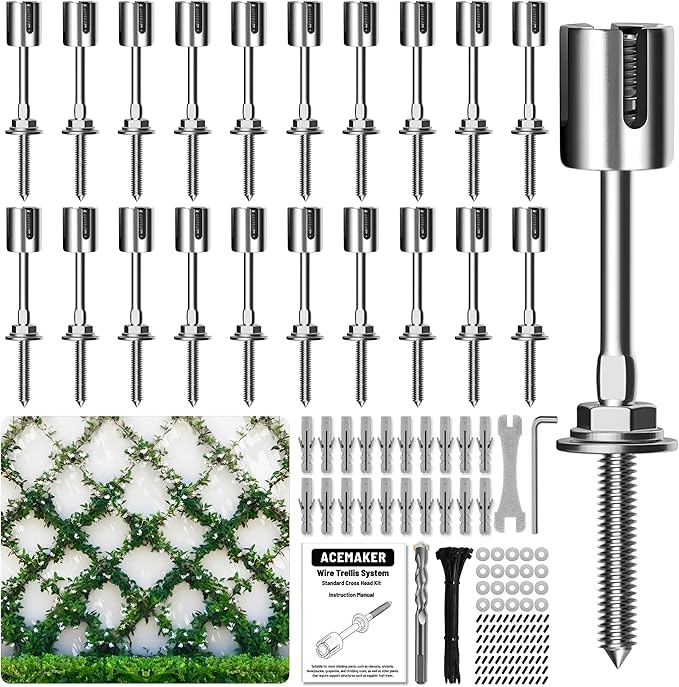 Wire Trellis for Climbing Plants Outdoor, 20-Set Wall Trellis Kit, T316 Espalier System for Fence and Garden DIY Projects (Hubs Only, Without Cable)