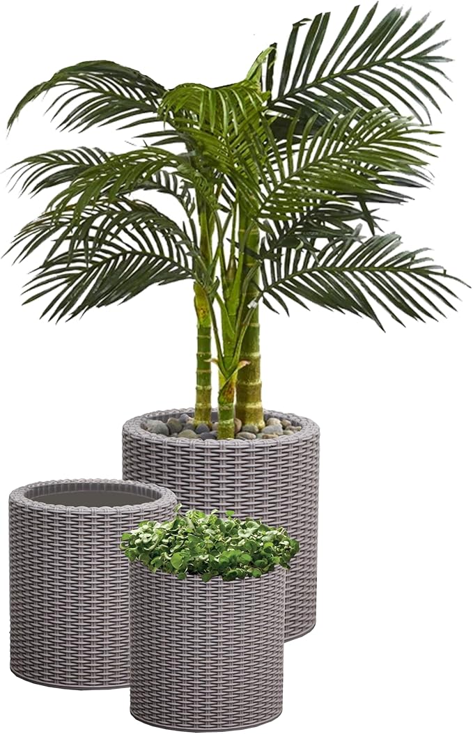 Keter Cylinder Set of 3 Rattan Resin Planter for Indoor and Outdoor Plants Ideal Decorative Planter for Porches and Patio Decor, Taupe