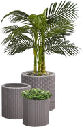 Keter Cylinder Set of 3 Rattan Resin Planter for Indoor and Outdoor Plants Ideal Decorative Planter for Porches and Patio Decor, Taupe