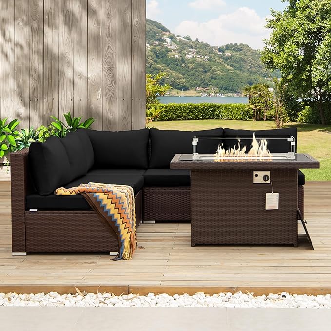 NICESOUL 6 Piece L Shaped Outdoor Sofa with Fire Pit Natural Gas/Propane, 29.3'' High-Back Comfy Wicker Patio Furniture Set Fireplace, Modern Deep Seat Conversations, Brown Rattan and Black Cushion