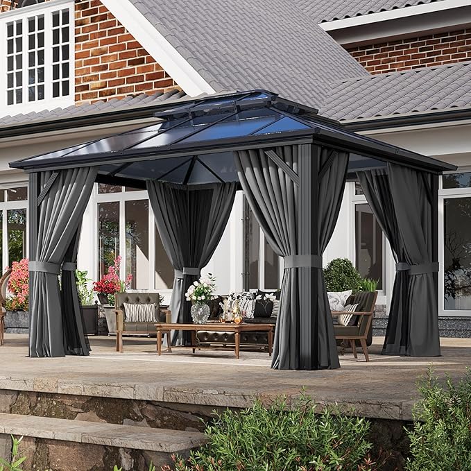 Aoxun 10'x12' Hardtop Gazebo, Aluminum Frame Permanent Pavilion with Curtains and Netting, Outdoor Polycarbonate Double Roof Canopy, Designed for Garden, Lawns, Patio