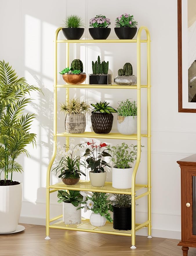 5-Tier Metal Plant Stand Indoor Outdoor, Waterproof Flower Stand for Multiple Pots, Heavy Duty Plant Stands for Living Room Patio Garden Decor, Tall Plant Shelf with Leveling Feet, Gold