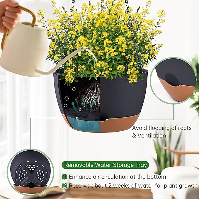 Hanging Planters for Indoor Plants, Set of 2 8/10 Inch Self-Watering Hanging Pots with Drainage Hole & Removable Water-Storage Tray II Screw-in Hooks