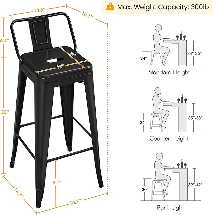 Yaheetech Bar Stools Set of 4, Metal Counter Height Chairs, 30 Inch Industrial Kitchen Stools with Backrest and Footrest for Indoor/Outdoor, Matte Black
