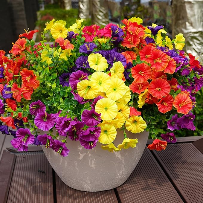 Artificial Flowers for Outdoors, UV Resistant Fake Silk Morning Glory, Realistic Faux Plants for Outside Porch Patio Window Box Hanging Planter (12, Purple Fuchsia Yellow Orange)