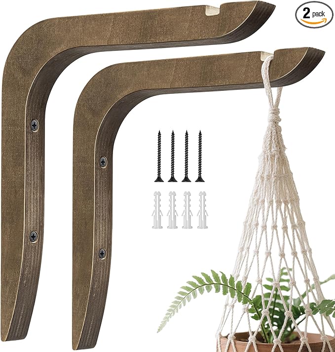 Wooden Plants Hanger, Plant Hangers Indoor Wall Mount, 8.58-Inch Hanging Plant Hooks for Wall, Basket Hooks for Lanterns, Flower Bracket, Wind Chimes, Lamp, Bird Feeders, Patio Decor(Brown 2PCS)
