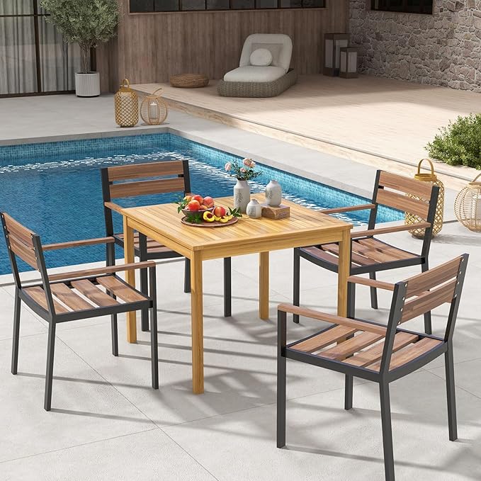 Tangkula 36" Square Outdoor Dining Table, Acacia Wood 4-Person Patio Dining Table with 1.9" Umbrella Hole, Farmhouse Patio Bistro Table, Indoor Outdoor Dining Furniture for Yard Deck Lawn