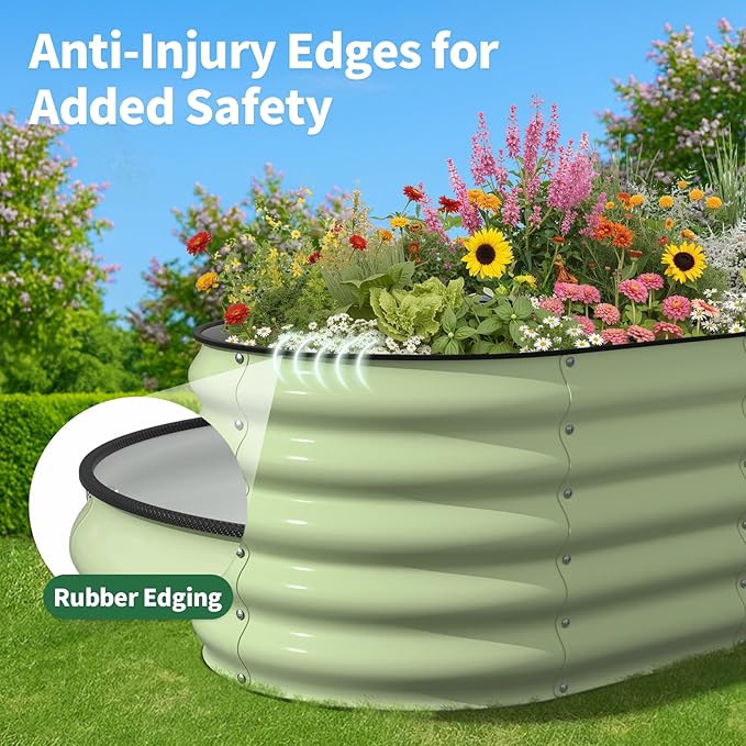 Kesfitt Raised Garden Bed, Metal Galvanized Steel Oval Garden Bed 8x2x1.5 ft with 18-Inch Deep Open-Bottom Design for Outdoor Vegetable Gardening, Fruit Green