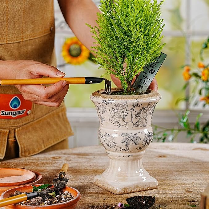 Sungmor Small Ceramic Urn Planter - Grey Scroll Floral Pedestal Flower Pot, Decorative Vintage Chinoiserie Style Planters, Tuscan Accent Vase Indoor Outdoor Plant Holder with Drainage