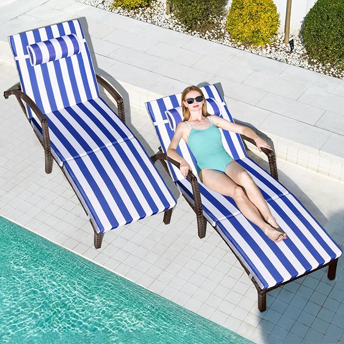 Chaise Lounge Chairs Outdoor Set of 2, Comfy Outside Wicker Patio Pool Lounge Chair w/ 5 Adjustable Back Angle, Cup Holder, Thicken Cushion