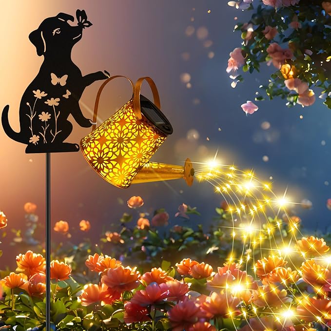 Solar Lights Outdoor Decorative, Watering Can with Cascading Lights, with Dog Silhouette Garden Stakes, Waterproof Metal Garden Decor 2 Pack