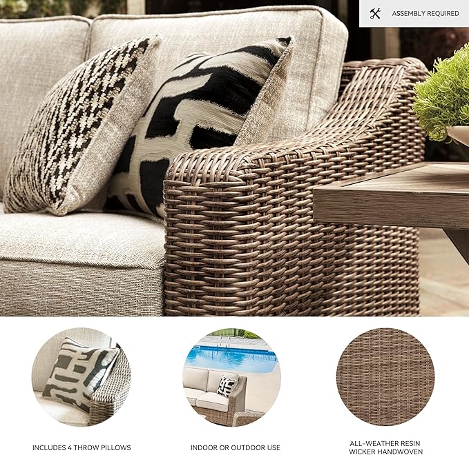Signature Design by Ashley Beachcroft Outdoor Left & Right Arm Facing Wicker Patio Loveseats, Nuvella Weather Resistant Fabric, Brown & Beige