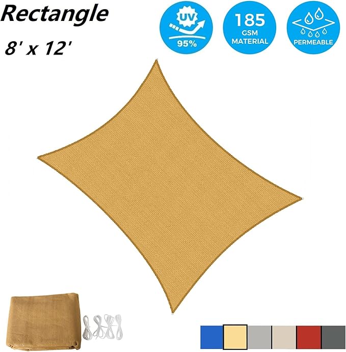 AsterOutdoor Sun Shade Sail Rectangle 8' x 12' UV Block Canopy for Patio Backyard Lawn Garden Outdoor Activities, Sand