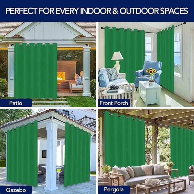 PureFit Outdoor Curtains for Patio Waterproof Weatherproof, UV Resistant Outside Curtains for Gazebo, Front Porch, Pergola, Sun Blocking Privacy Curtain, 100W x 108L inch, 1 Panel, Green