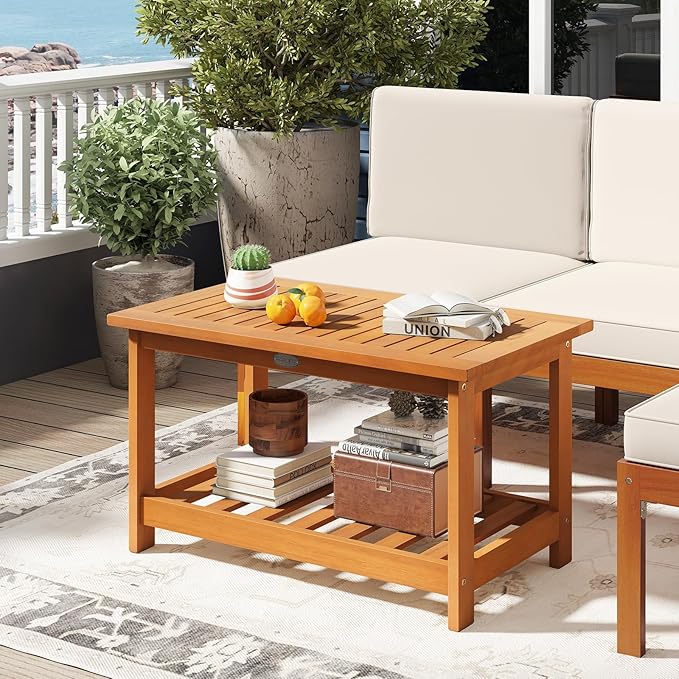 Tangkula Outdoor Acacia Wood Coffee Table, Patio 29.5” Rectangle Slatted 2 Tier Coffee Table with Storage Shelf, for Outside Balcony Patio Poolside