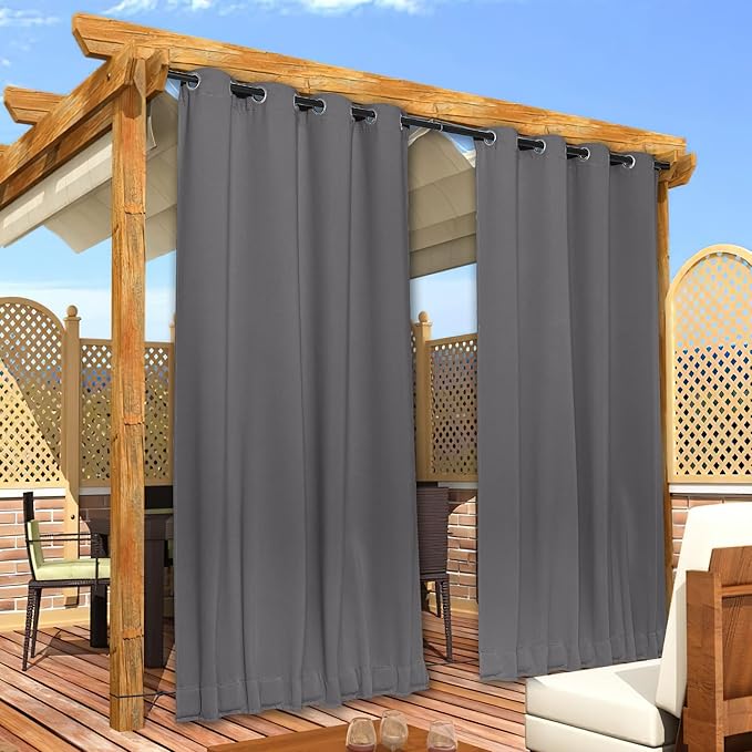 NICETOWN 2 Panels Outdoor Curtains for Patio Waterproof & Windproof, Grommet & Back Tab on Top & Bottom Weighted Drapes Cold & Heat Blocking with Bouns Rope for Gazebo, Grey, W84 x L108