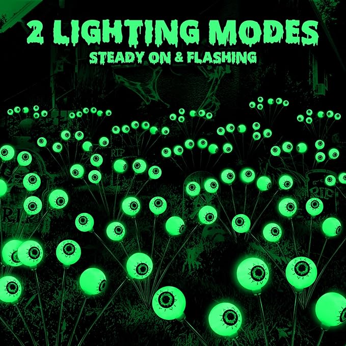 BrizLabs 4 Pack 24 LED Halloween Solar Lights, 2 Modes Outdoor Halloween Eyeball Pathway Lights, Solar Spooky Walkway Light Waterproof, Green Swaying Firefly Lighting for Path Yard Garden Lawn