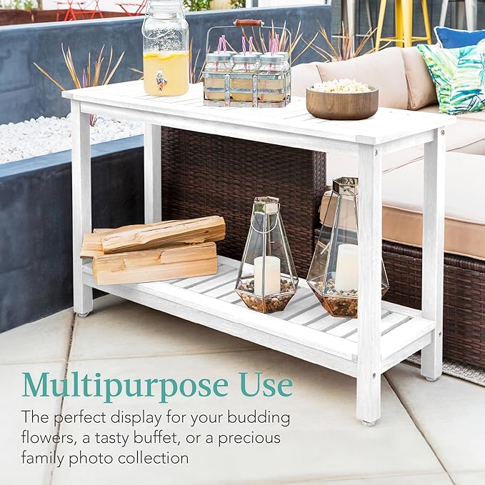 Best Choice Products 48in 2-Shelf Eucalyptus Wooden Console Table Indoor Outdoor Multifunctional Buffet Bar Storage Organizer w/Foot Sliders - White