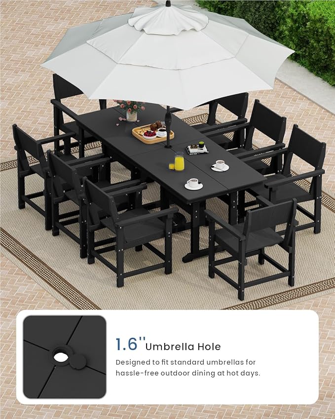 9-Piece Outdoor Dining Set, HDPE Weatherproof Patio Table and Chairs Set for 8, Outdoor Patio Furniture Sets with Umbrella Hole for Outside, Deck, Backyard, Garden (Black)