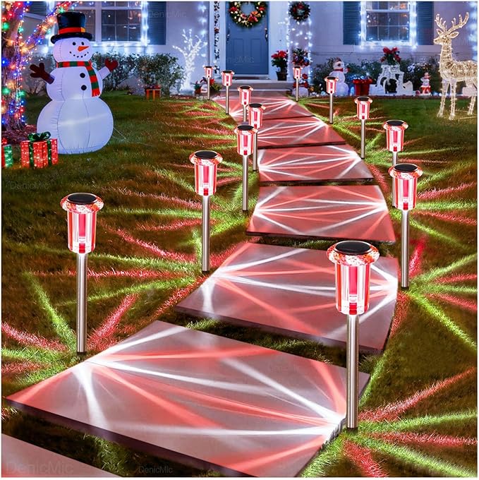 DenicMic Solar Lights Outdoor 10 Pack Waterproof Red White LED Stainless Steel Stake Outside Lights for Yard Pathway Garden Driveway Walkway Landscape Path Lighting Valentines Day Decorations