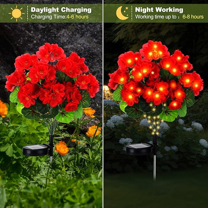 2 Pcs Solar Geraniums Lights Outdoor Waterproof for Garden Spring Decor Light with 10 Solar Geraniums Light for Outside Stake Decorative Auto On/Off for Garden Yard Backyard Patio