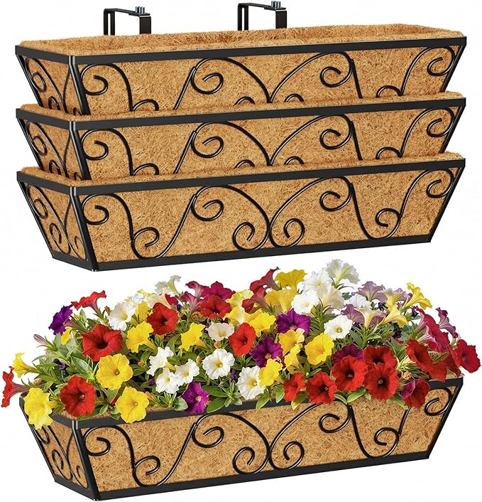 4pcs 24 Inch Window Deck with Coco Liner, 24" Window Boxes Horse Trough with Coconut Coir Liner, Metal Hanging Flower Planter Window Basket Deck Railing Planter Boxes for Outdoor Indoor Lawn
