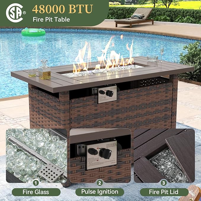 Aoxun 8 Piece Patio Furniture Set with 44” Fire Pit Table Wicker Rattan Outdoor Sectional Sofa Set with Coffee Table and Thickened Cushions, Gray (Waterproof Cover Included)