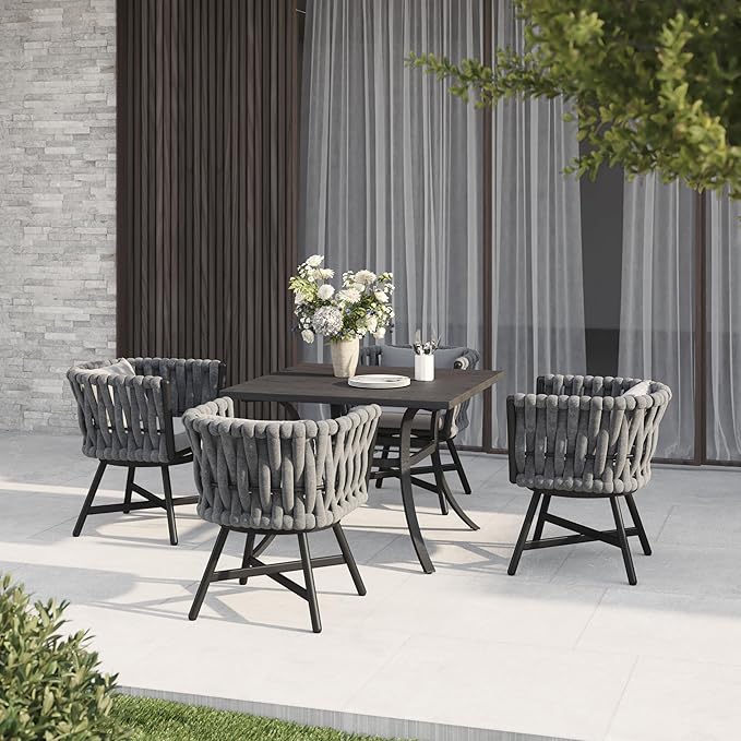 Grand patio 5-Piece Outdoor Dining Set for 4, Patio Dining Furniture Set for 4 Swivel Rope Wicker Chairs & 1 Square Dining Faux Woodgrain Table with Umbrella Hole, Dark Gray
