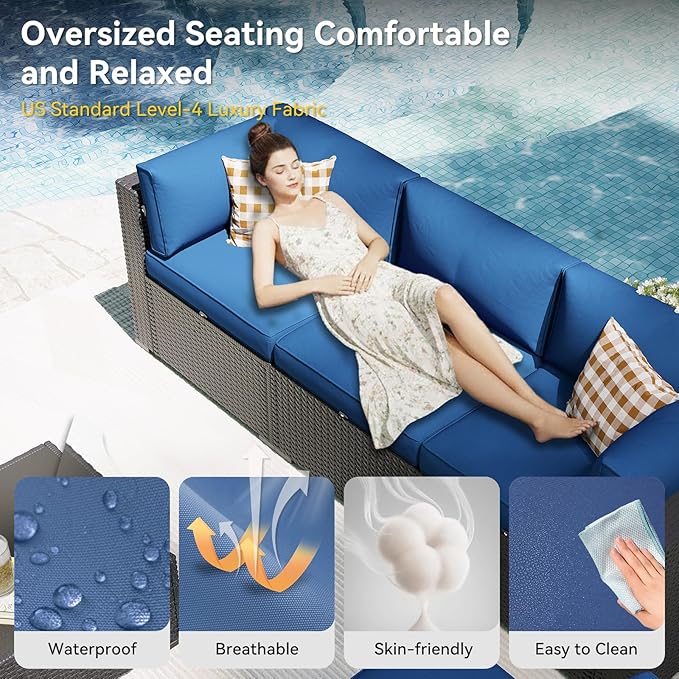 Aoxun Patio Furniture Set, 7 Piece Outdoor Sectional Sofas with Waterproof Cover, Wicker Rattan Outdoor Furniture Patio Conversation Set for Backyard, Garden Navy Blue