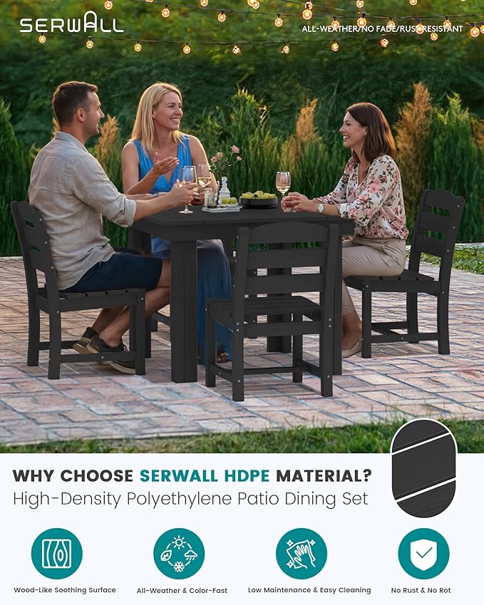 SERWALL Outdoor Dining Set for 4, HDPE Square Table and Chairs Set All Weather Patio Dining Set with 4 Armless Chairs for Patio, Black