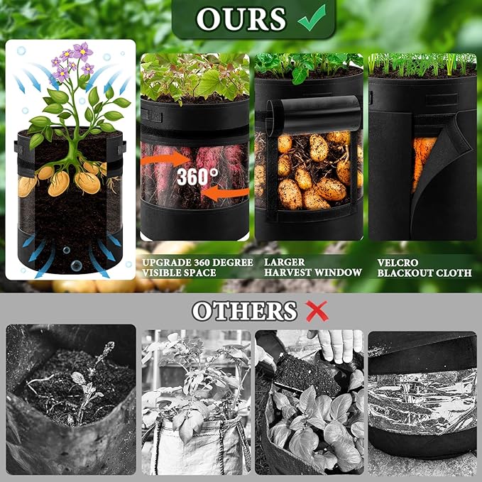 3 Pack 15 Gallon 360° Visibility Potato Grow Bags with Shading Flap, Plant Grow Bags for Growing Potatoes Heavy Duty Thickened Nonwoven Fabric Gardening Vegetable Growing Bags with Harvest Window