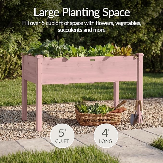 Best Choice Products 48x24x30in Raised Garden Bed, Elevated Wood Planter Box Stand for Backyard, Patio, Balcony w/Bed Liner, 200lb Capacity - Pink
