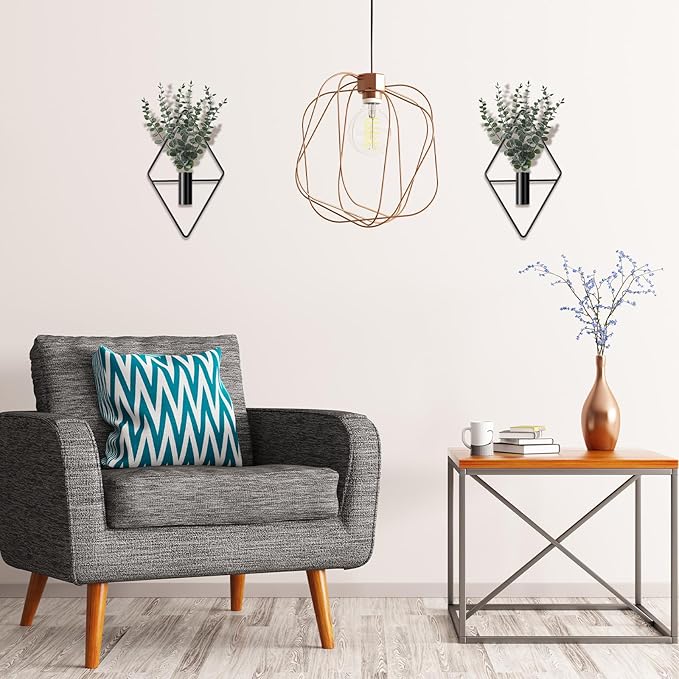 Jexine 4 Pcs Hanging Planters with Artificial Eucalyptus Metal Hanging Vase Indoor Plants Holder Modern Geometric Boho Bathroom Wall Decor for Living Room Home Office(Black)
