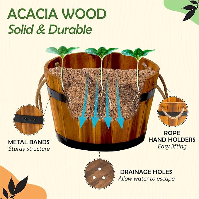 Set of 3 Wooden Flower Boxes Outdoor, Durable Acacia Wood Barrel Planters for Outdoor Plants with Ergonomic Handles, Drainage Holes, Multiple Sizes Wood Bucket Planter for Home Décor