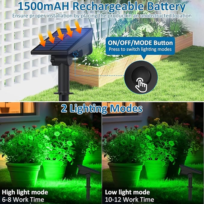 T-SUNUS Green Solar Spot Lights Outdoor 4 Pack, IP65 Waterproof Landscape Spotlights 2 Modes Dusk to Dawn for St Patricks Day Halloween Christmas Tree Pond Patio Garage Statue Graveyard Garden Flag