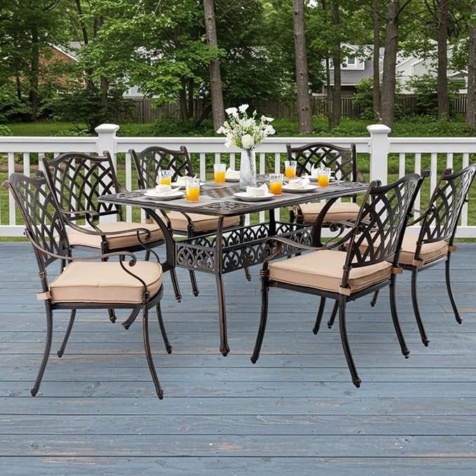7-Piece Cast Aluminum Patio Furniture, Patio Dining Set for 6 Include 59" Rectangular Outdoor Dining Table and 6 Stackable Chairs with Cushions & Umbrella Hole (Bronze)