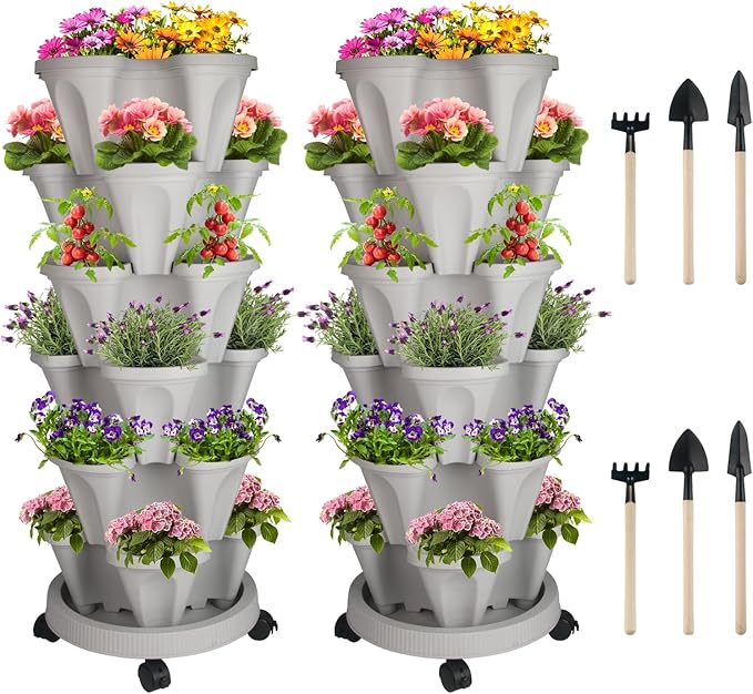 GameXcel Vertical Planter 6 Tier Stackable Planters Garden Planters Strawberry Herb Flower and Vegetable Planter Indoor Outdoor Gardening Pots with Removable Wheels and Tools 2-Pack