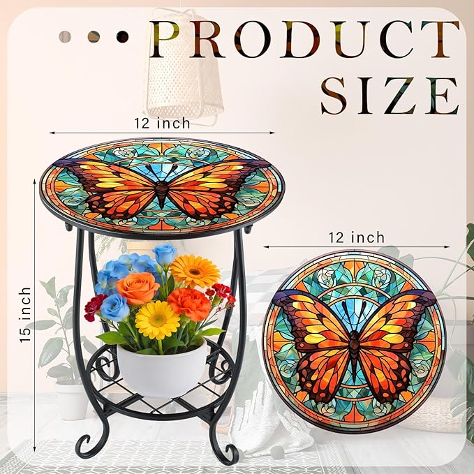 Outdoor Side Table Round Small Mosaic Patio Accent Indoor End Plant Coffee Tea Table for Yard Patio Porch Garden Living Room, Bedroom(Butterfly B Style,12 Inch)