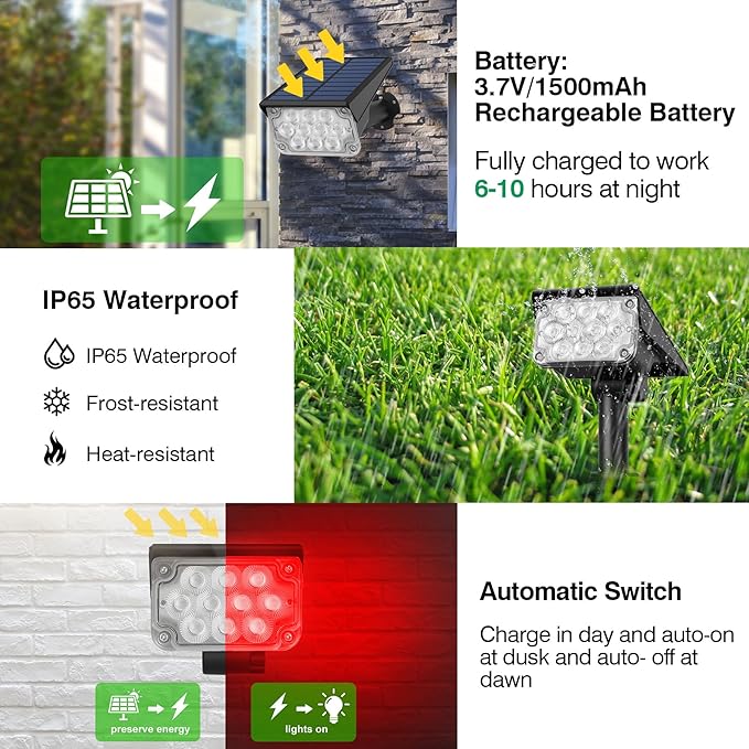 Red Solar Spot Lights Outdoor,20 LED Waterproof IP65 Solar Landscape Light Adjustable Panel Spotlights for Wall Tree Yard Garden Halloween Christmas Lighting 4 Pack