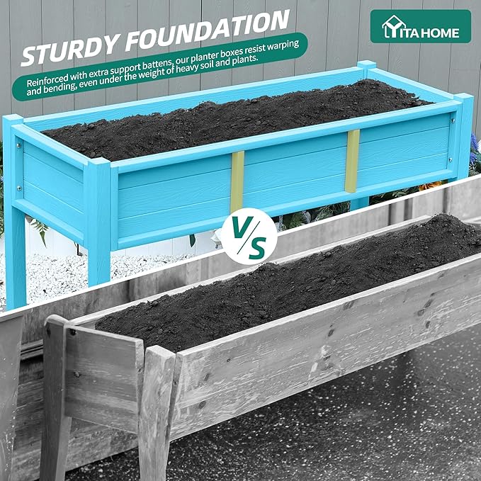 YITAHOME Raised Garden Bed HDPE, 47x18x31In Raised Flower Bed Poly-Wood Weather-Resistant Elevated Planter Box with Lockable Wheels & Storage Shelf for Vegetable Flower, Aruba Blue