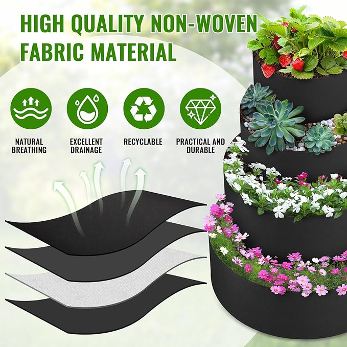 8 Pcs Plant Grow Bags 4 Tiered Strawberry Planter Tower Fabric Raised Garden Beds, 39 Inch Nonwoven Strawberry Pyramid Planter for Vegetables Flower Herbs Gardening Outdoor Growing (Black)