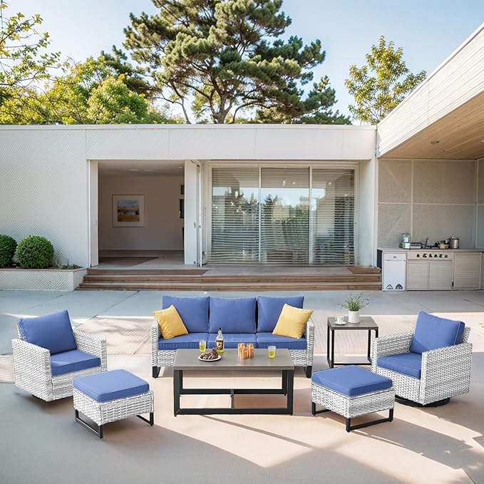Belord 7 Piece Outdoor Furniture Patio Wicker Sofa Set, Oversize Outdoor Swivel Rocker Chairs with Rattan Ottomans, Conversation Sets Patio Furniture Come with Removable Cushion Blue, Light Grey