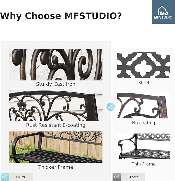 MFSTUDIO 50 Inches Outdoor Garden Bench, Cast Iron Metal Frame Patio Park Bench with Floral Pattern Backrest, Arch Legs for Porch, Lawn, Yard-Bronze