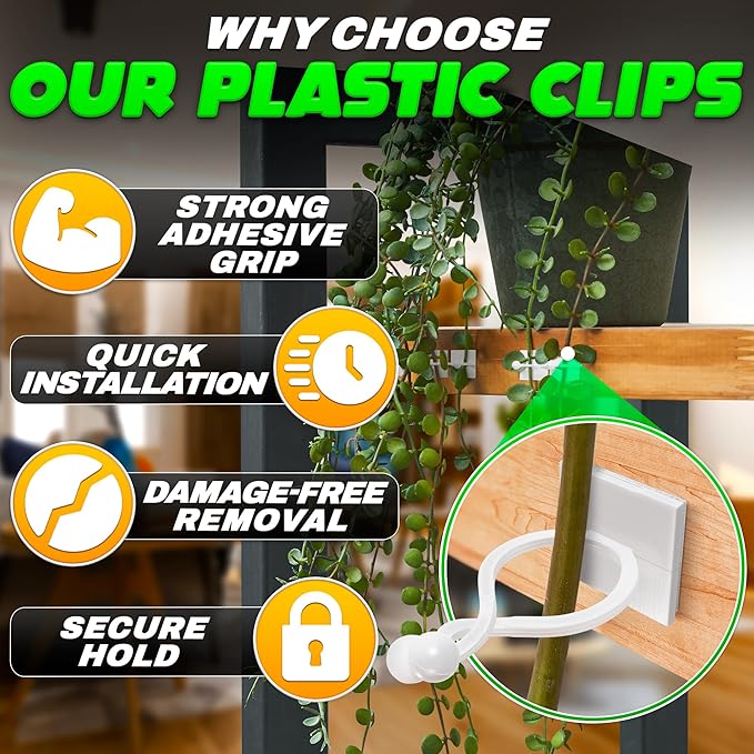 100Pcs Clear Plant Clips for Climbing Plants Indoor - White & Flexible Climbing Plant Wall Clips for Vines - Universal Size Vine Clip Set with Self-Adhesive Mount, Easy Installation and Strong Grip